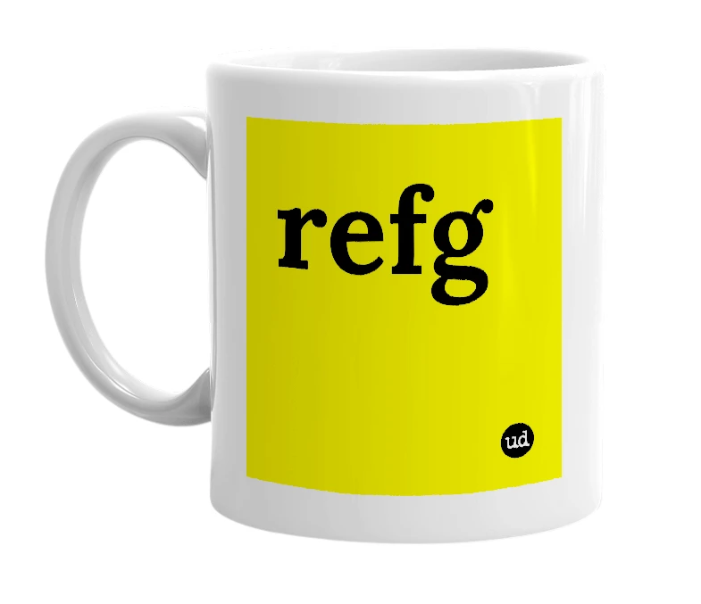 White mug with 'refg' in bold black letters