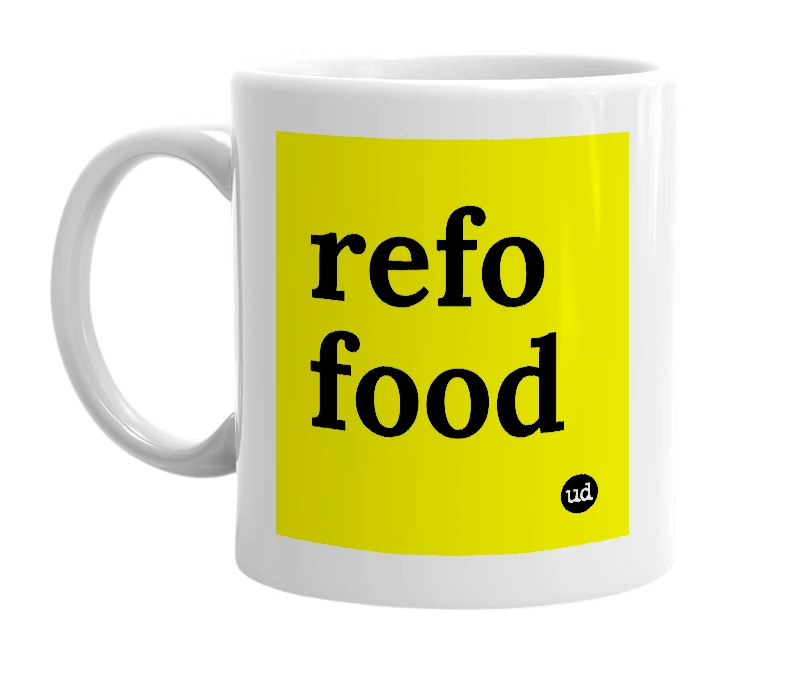 White mug with 'refo food' in bold black letters