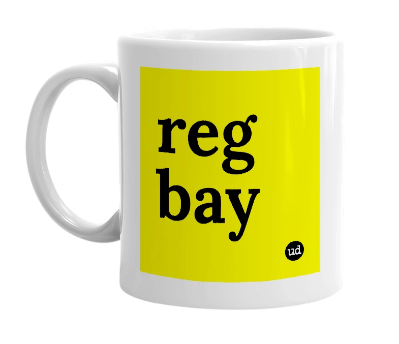 White mug with 'reg bay' in bold black letters