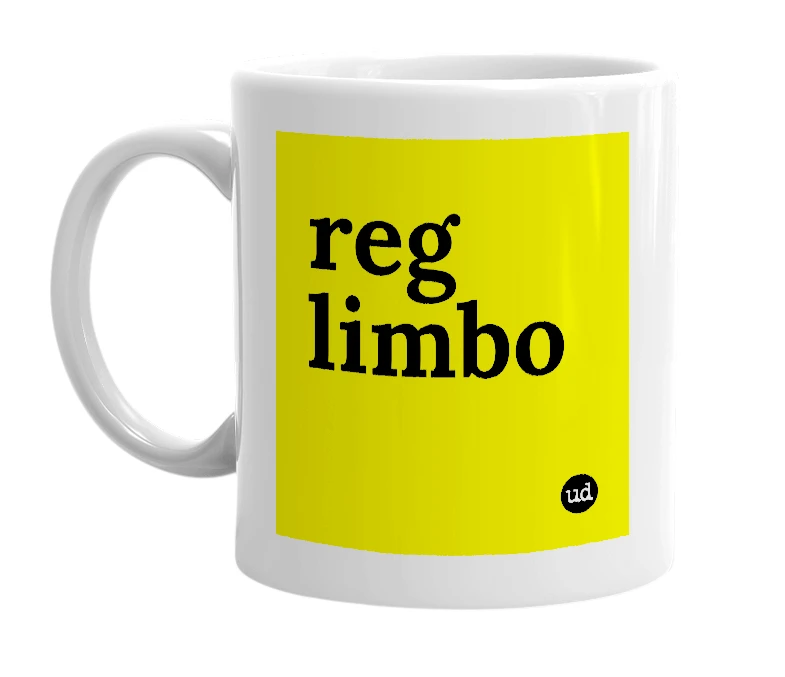 White mug with 'reg limbo' in bold black letters