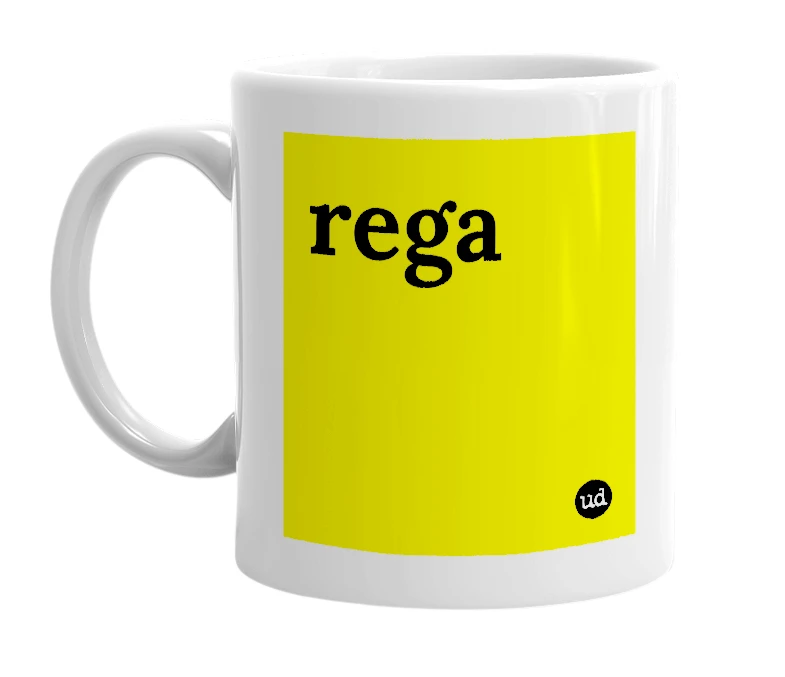 White mug with 'rega' in bold black letters