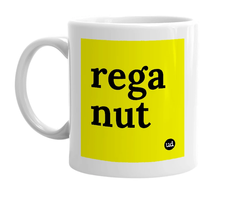 White mug with 'rega nut' in bold black letters