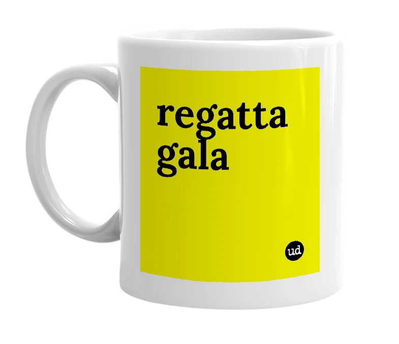 White mug with 'regatta gala' in bold black letters