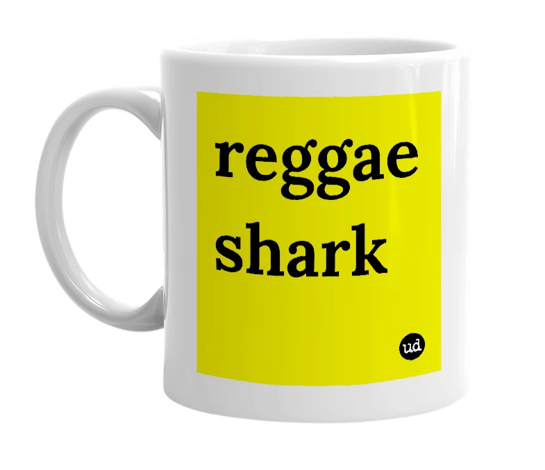 White mug with 'reggae shark' in bold black letters