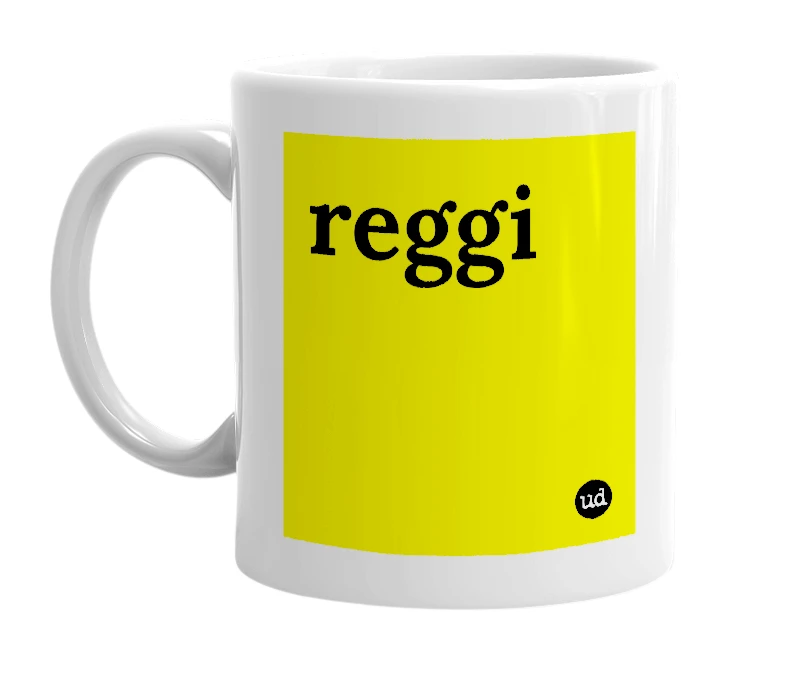 White mug with 'reggi' in bold black letters
