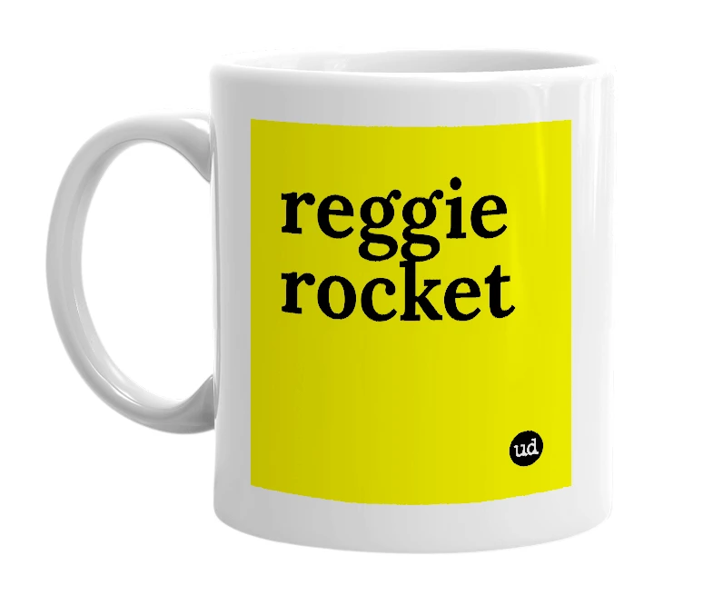 White mug with 'reggie rocket' in bold black letters