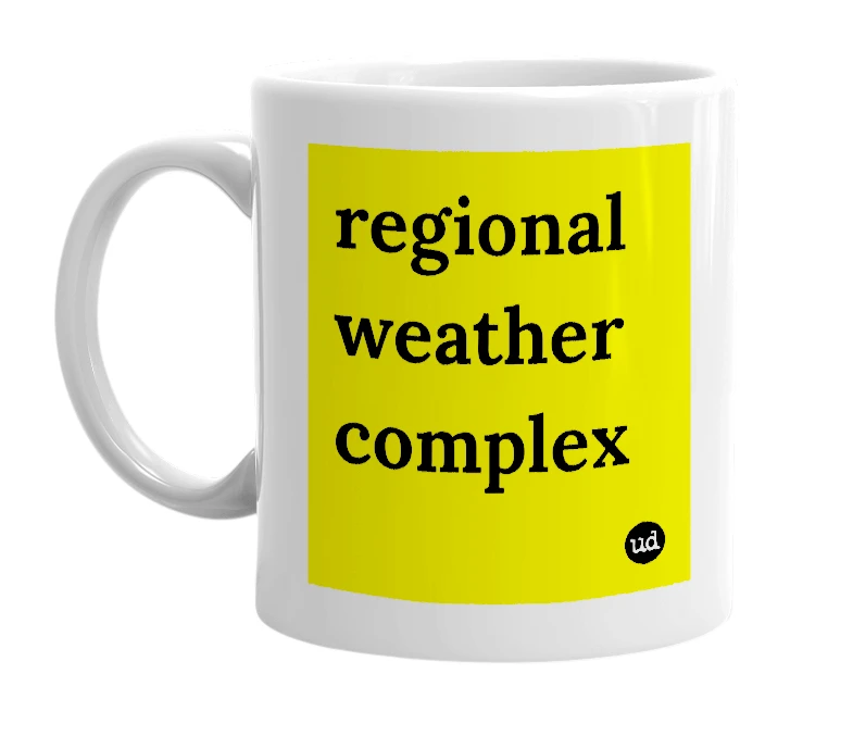White mug with 'regional weather complex' in bold black letters