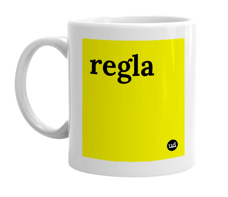 White mug with 'regla' in bold black letters