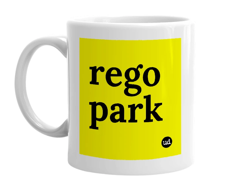 White mug with 'rego park' in bold black letters