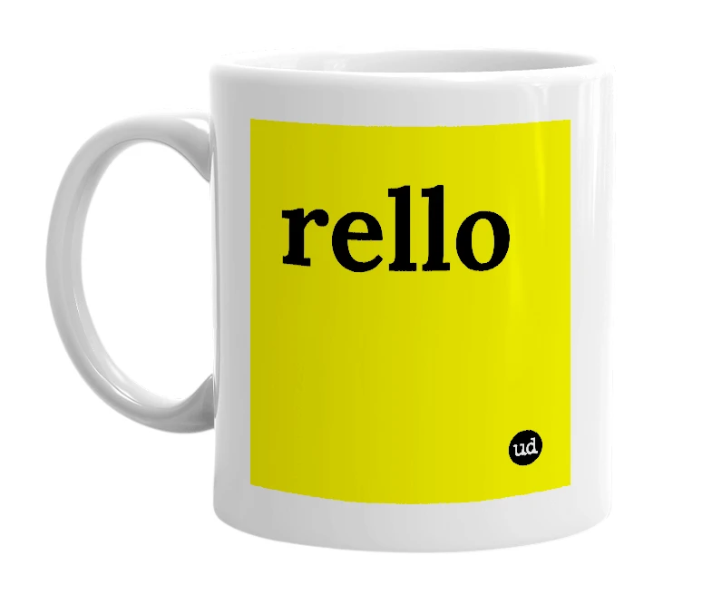 White mug with 'rello' in bold black letters