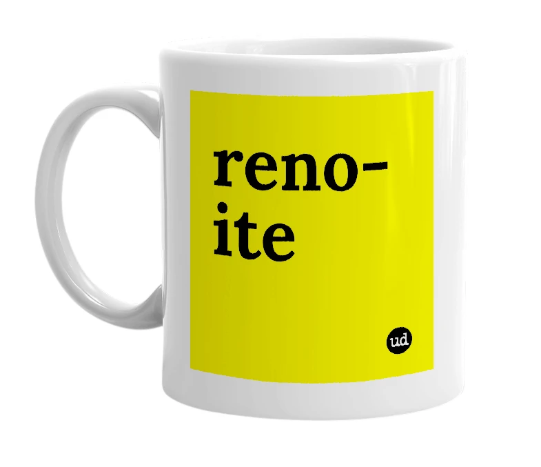 White mug with 'reno-ite' in bold black letters