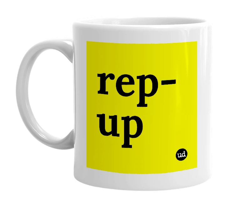 White mug with 'rep-up' in bold black letters