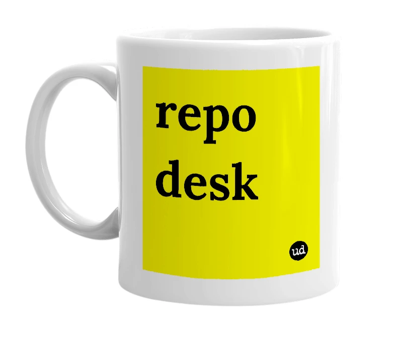 White mug with 'repo desk' in bold black letters
