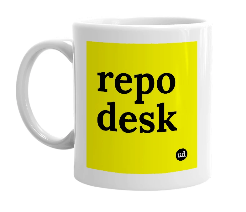 White mug with 'repo desk' in bold black letters