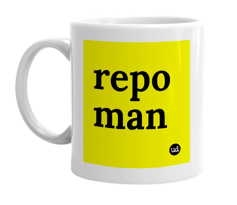 White mug with 'repo man' in bold black letters