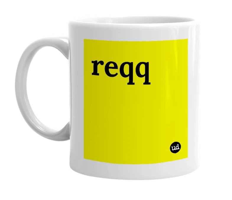 White mug with 'reqq' in bold black letters