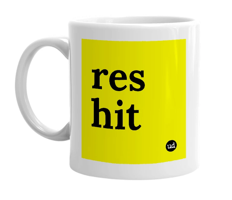 White mug with 'res hit' in bold black letters