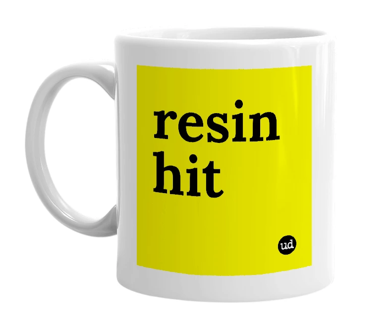 White mug with 'resin hit' in bold black letters