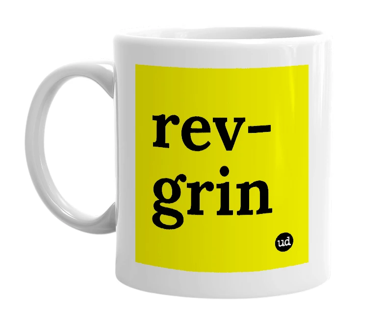 White mug with 'rev-grin' in bold black letters