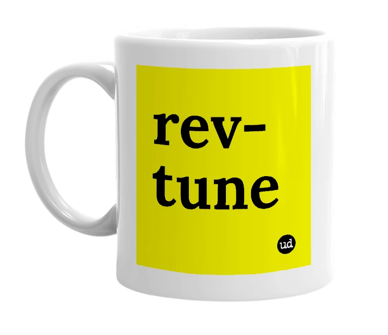 White mug with 'rev-tune' in bold black letters