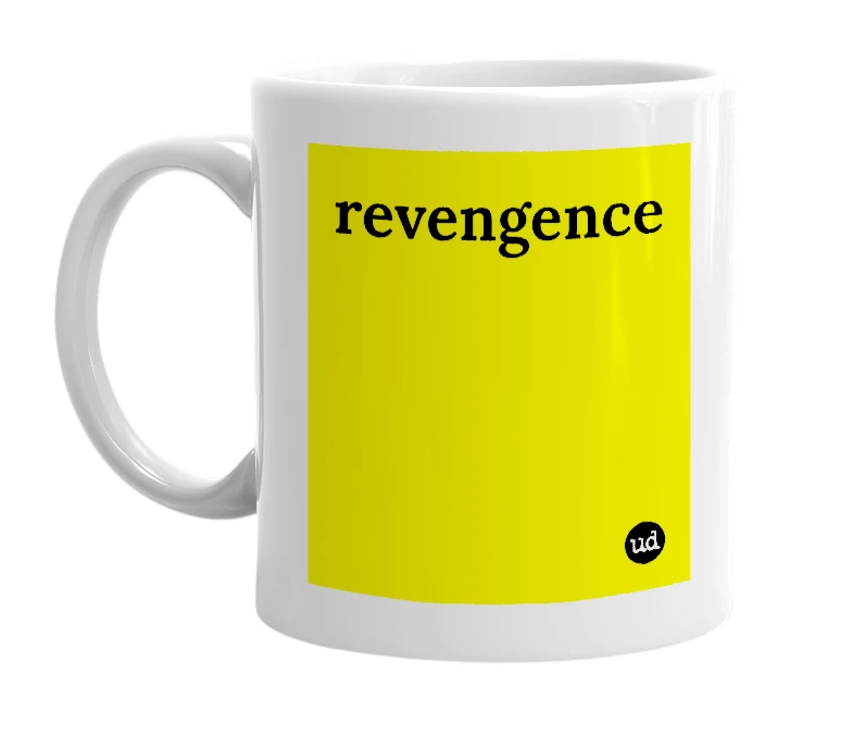 White mug with 'revengence' in bold black letters