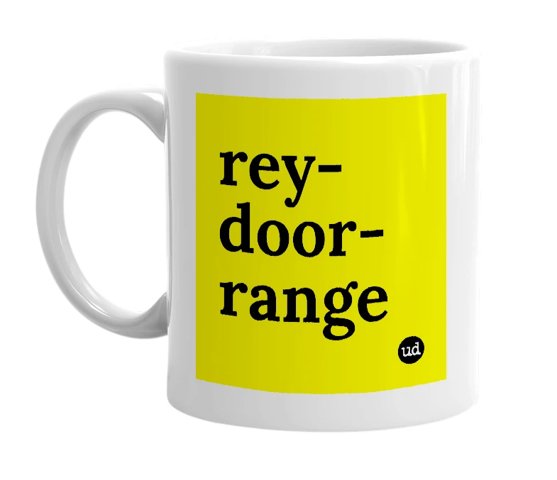 White mug with 'rey-door-range' in bold black letters