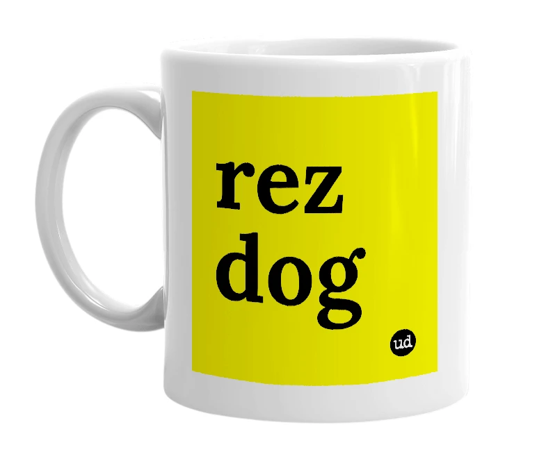 White mug with 'rez dog' in bold black letters