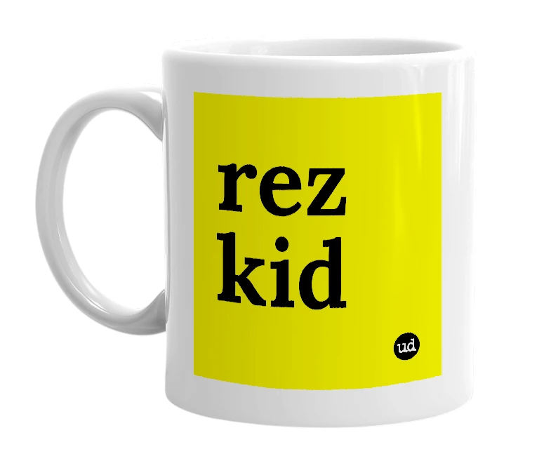White mug with 'rez kid' in bold black letters