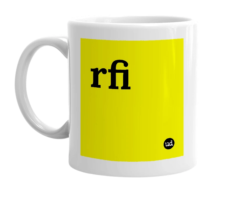 White mug with 'rfi' in bold black letters