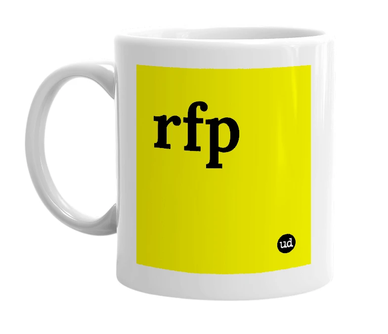 White mug with 'rfp' in bold black letters