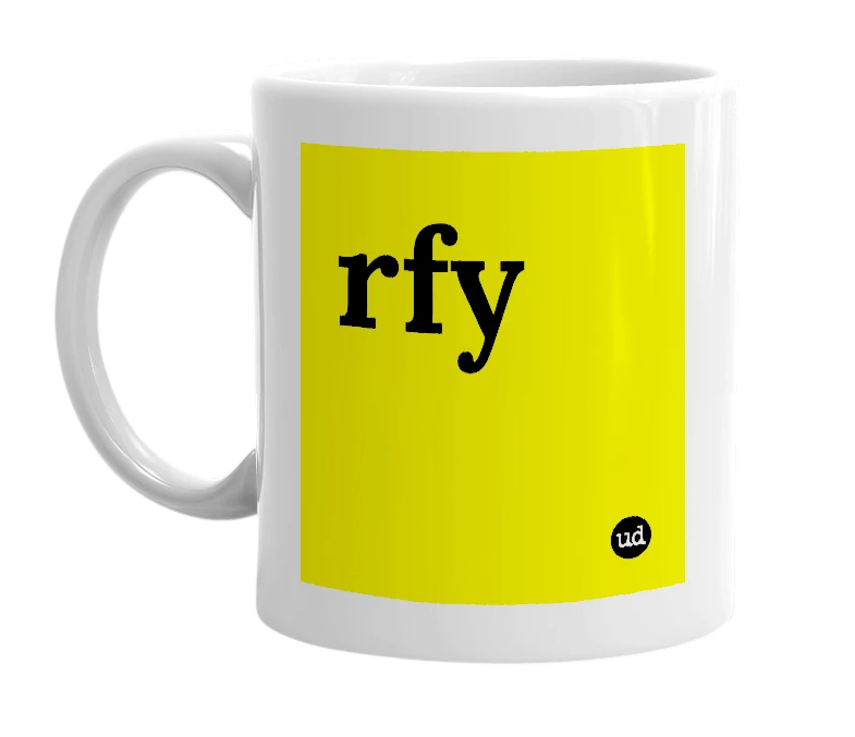 White mug with 'rfy' in bold black letters