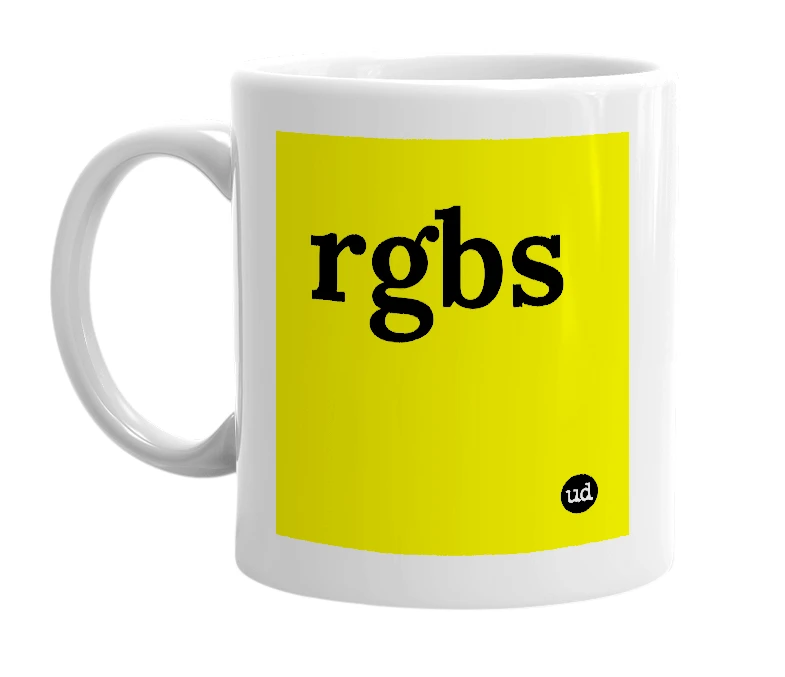 White mug with 'rgbs' in bold black letters