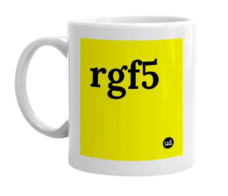 White mug with 'rgf5' in bold black letters