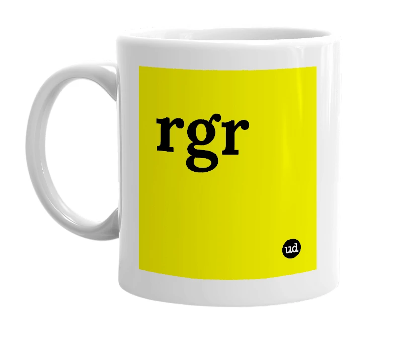 White mug with 'rgr' in bold black letters