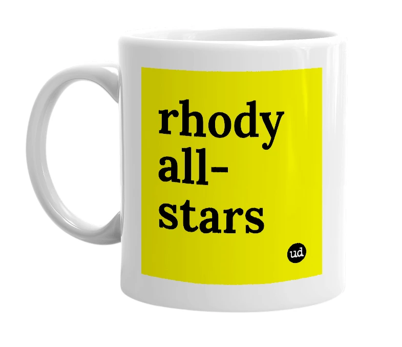 White mug with 'rhody all-stars' in bold black letters