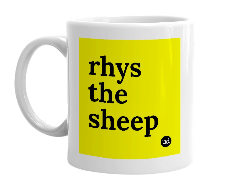 White mug with 'rhys the sheep' in bold black letters