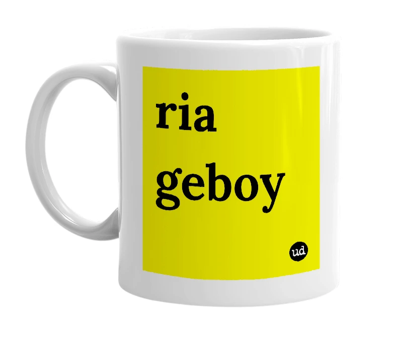 White mug with 'ria geboy' in bold black letters