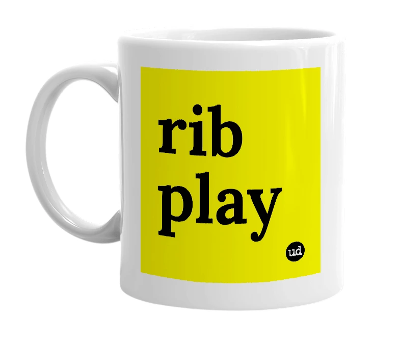 White mug with 'rib play' in bold black letters