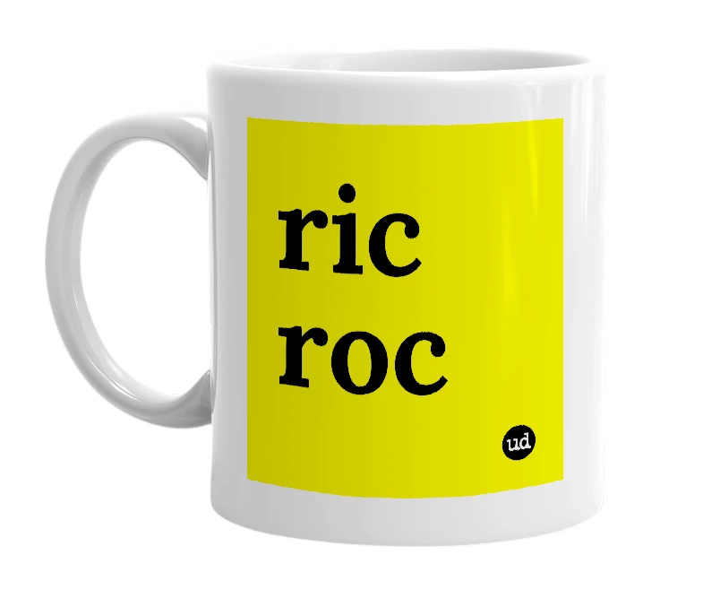 White mug with 'ric roc' in bold black letters