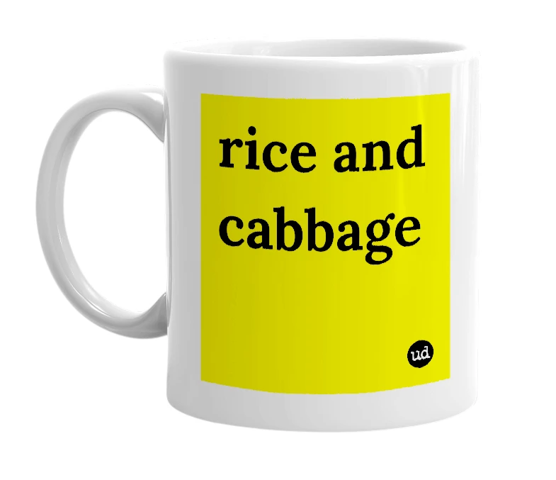 White mug with 'rice and cabbage' in bold black letters