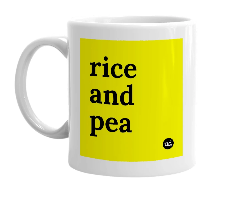 White mug with 'rice and pea' in bold black letters