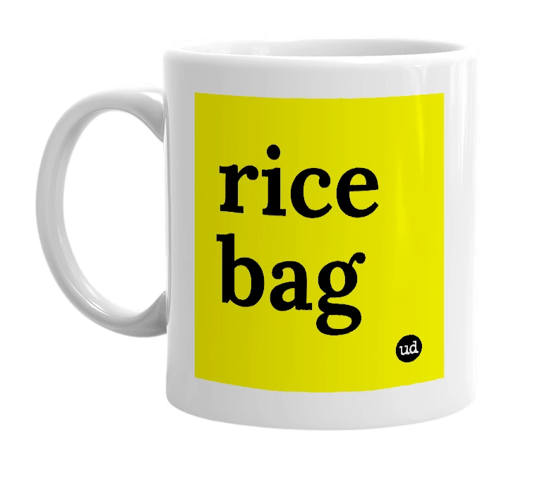 White mug with 'rice bag' in bold black letters
