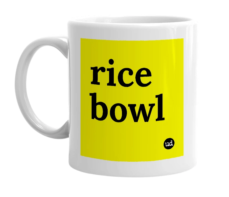 White mug with 'rice bowl' in bold black letters