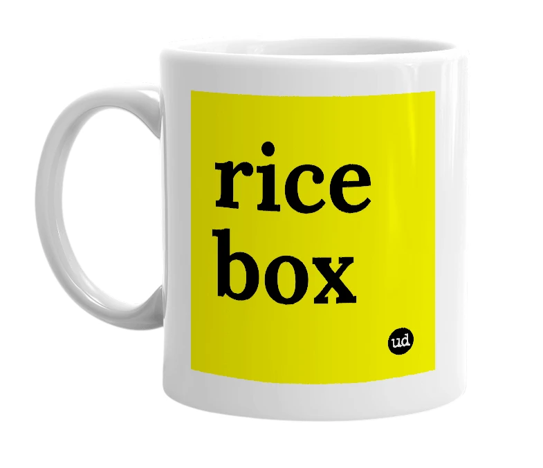 White mug with 'rice box' in bold black letters