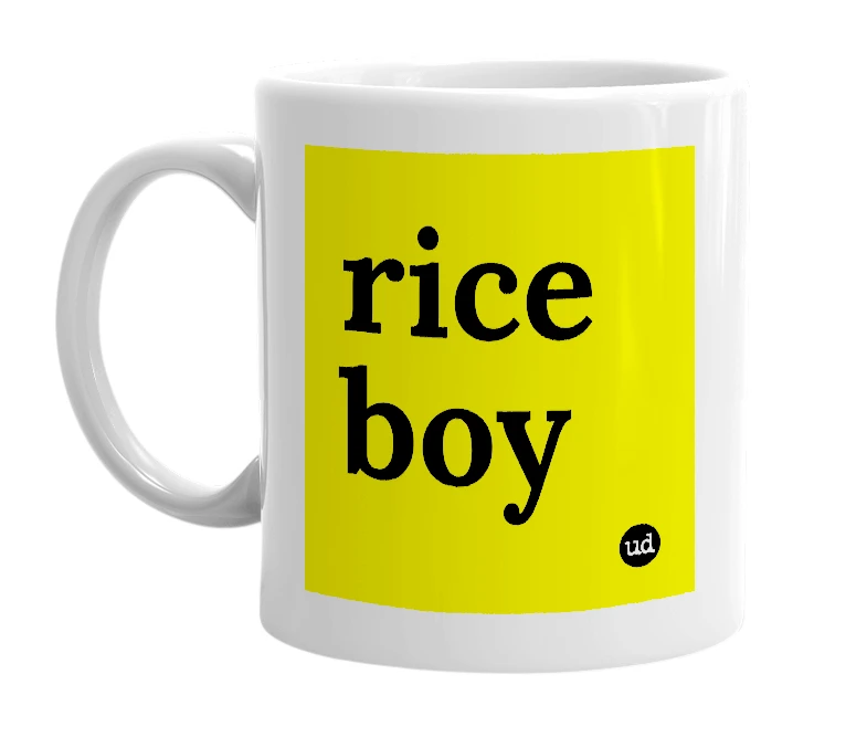 White mug with 'rice boy' in bold black letters