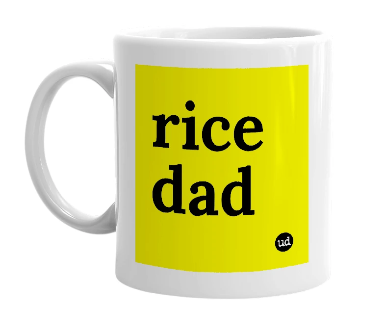 White mug with 'rice dad' in bold black letters
