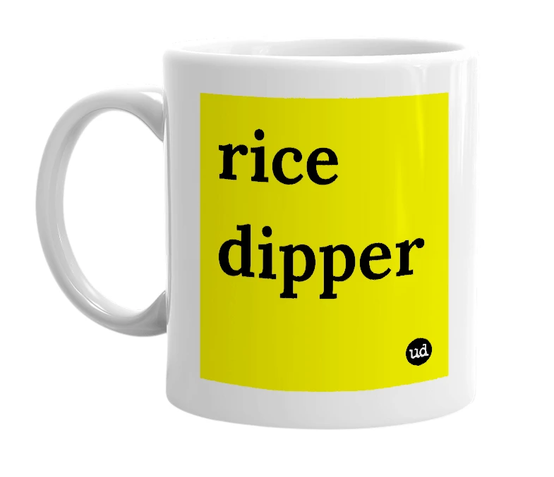 White mug with 'rice dipper' in bold black letters