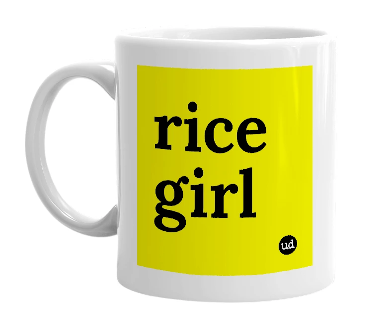 White mug with 'rice girl' in bold black letters