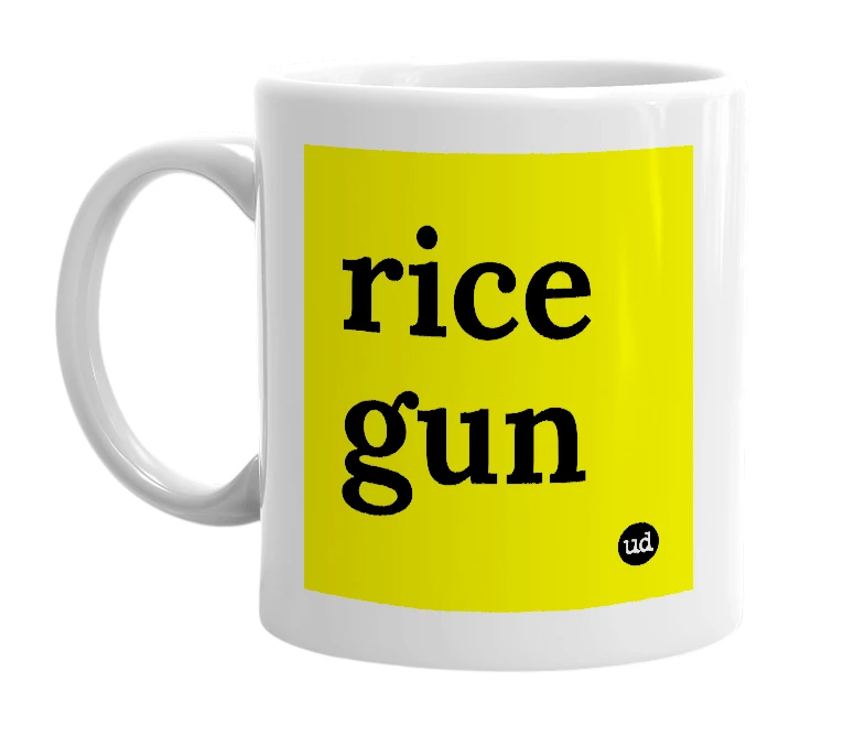 White mug with 'rice gun' in bold black letters