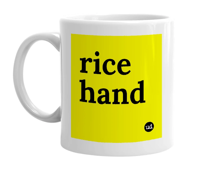 White mug with 'rice hand' in bold black letters